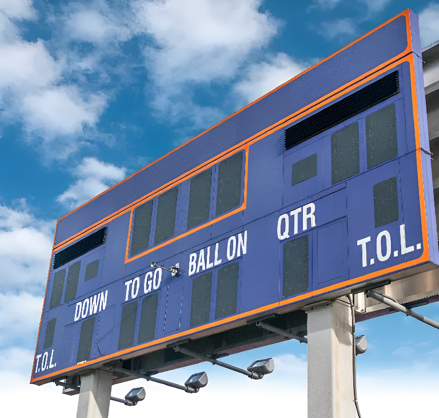 A large blue scoreboard with the numbers down to go and ball on.