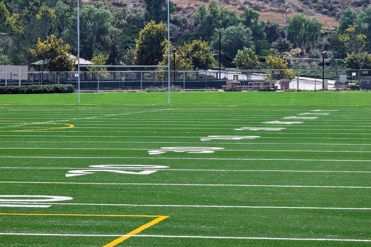 Football field with yard lines and goalposts.