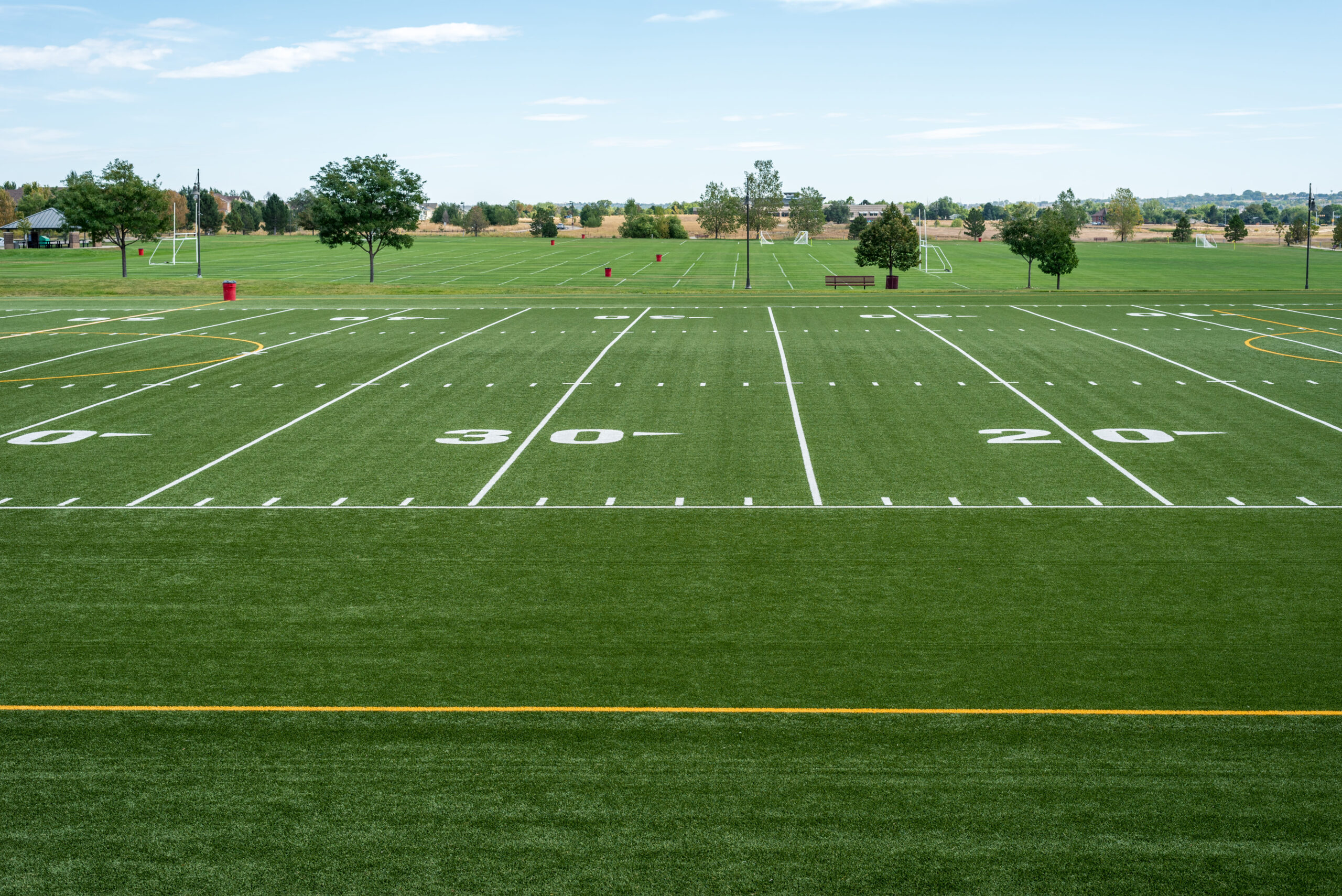 A football field with grass and trees in the background.